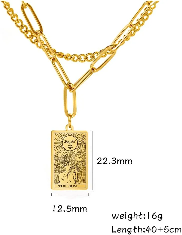 TEAMER Double Layer Necklace Vintage Tarot Jewelry Good Luck Amulet Pendants Stainless Steel Necklace
