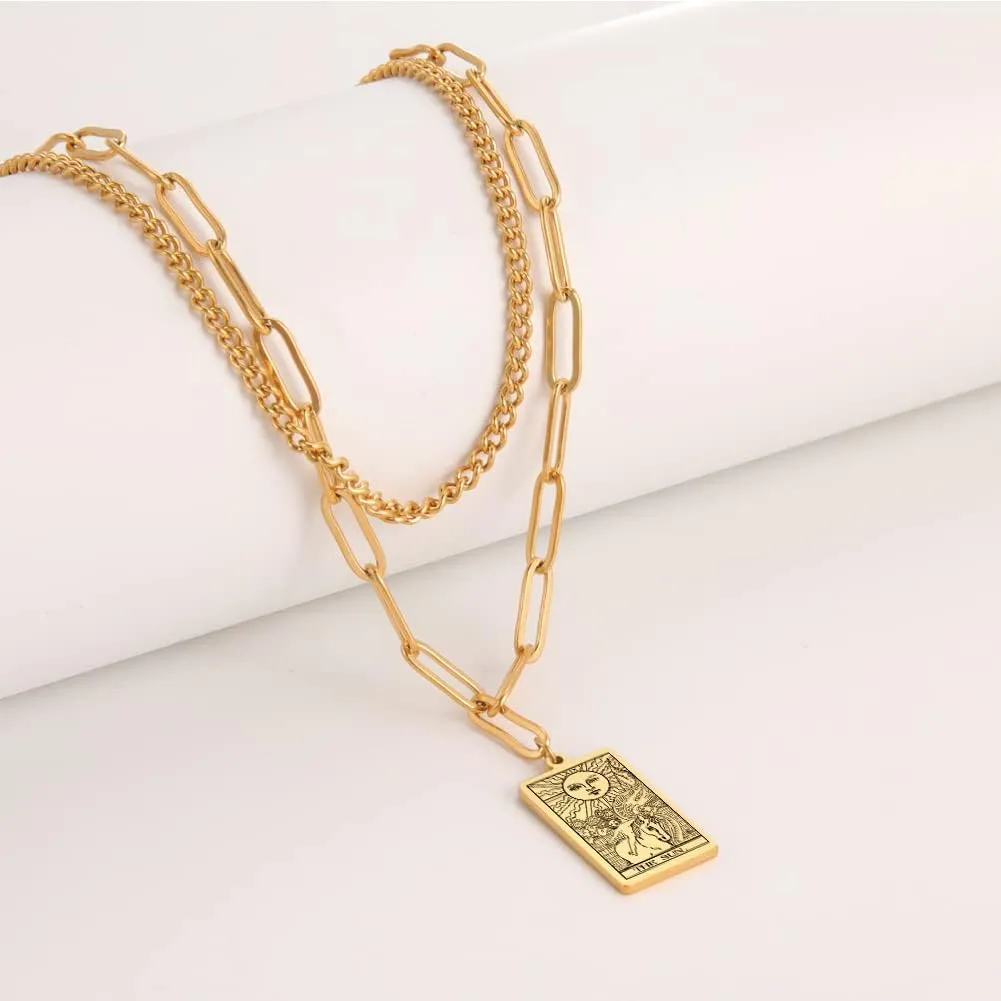 TEAMER Double Layer Necklace Vintage Tarot Jewelry Good Luck Amulet Pendants Stainless Steel Necklace