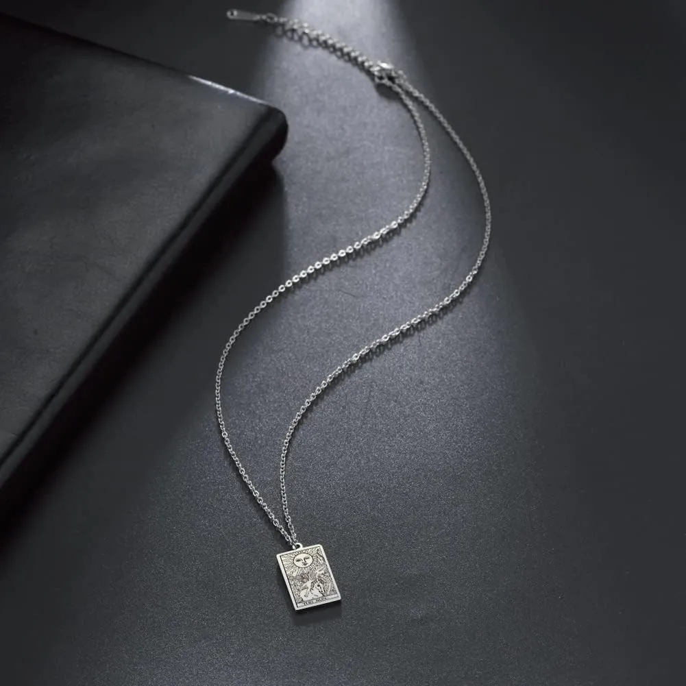 TEAMER Stainless Steel Tarot Cards Necklace Vintage Tarot Jewelry Good Luck Amulet Pendants for Women