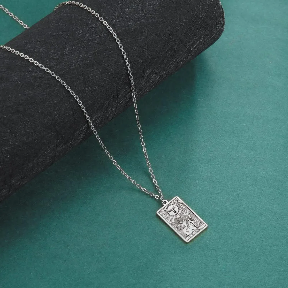 TEAMER Stainless Steel Tarot Cards Necklace Vintage Tarot Jewelry Good Luck Amulet Pendants for Women