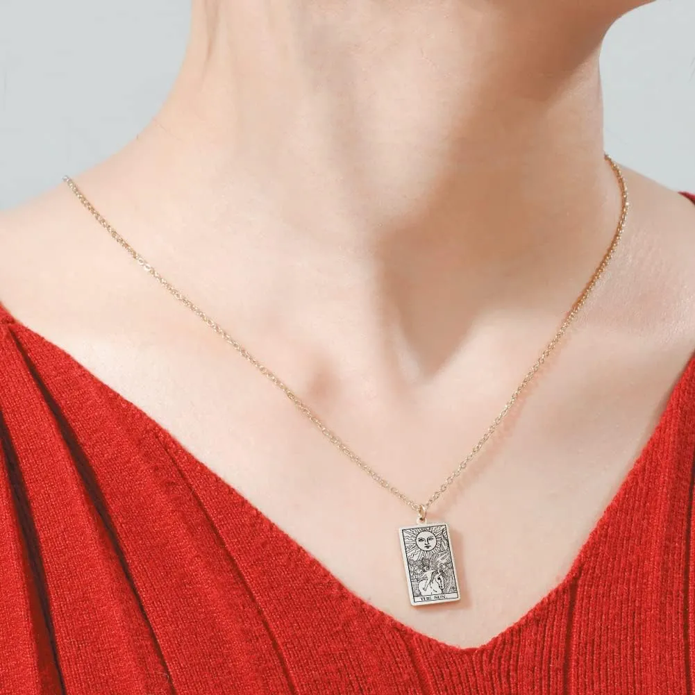 TEAMER Stainless Steel Tarot Cards Necklace Vintage Tarot Jewelry Good Luck Amulet Pendants for Women