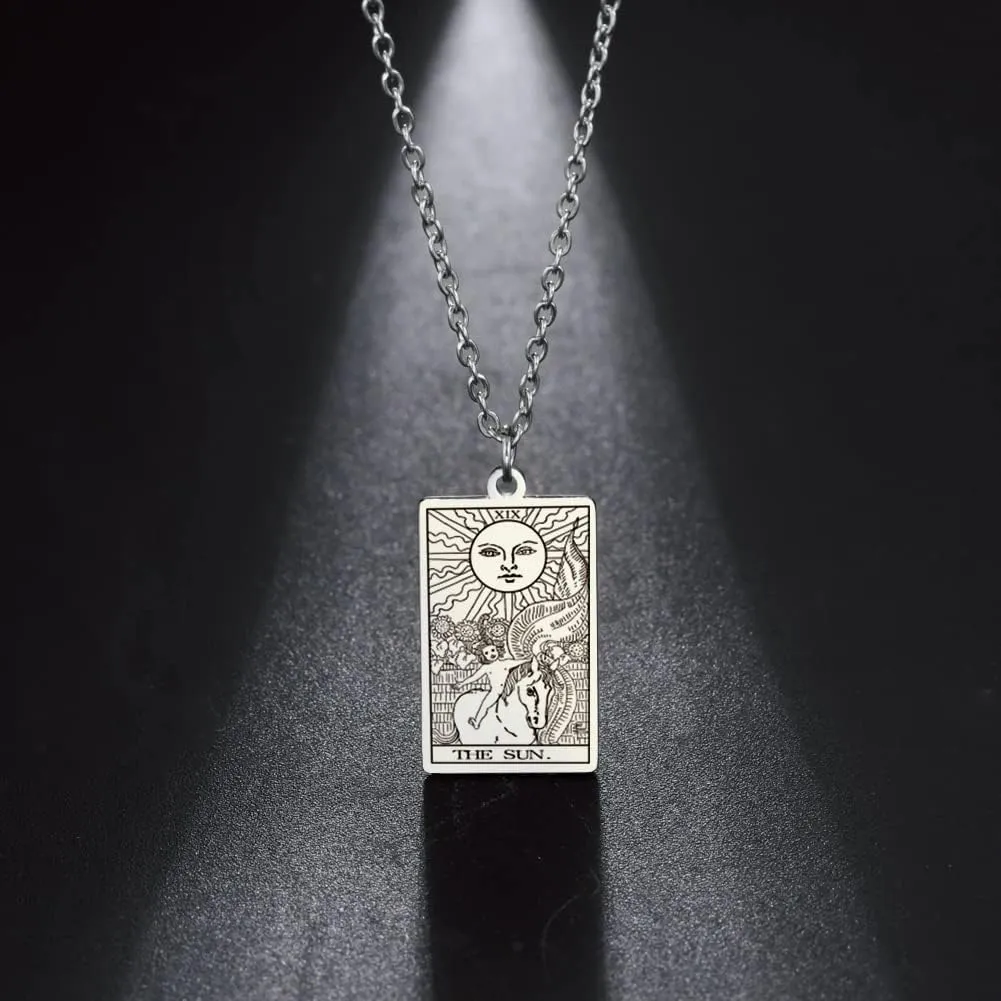 TEAMER Stainless Steel Tarot Cards Necklace Vintage Tarot Jewelry Good Luck Amulet Pendants for Women