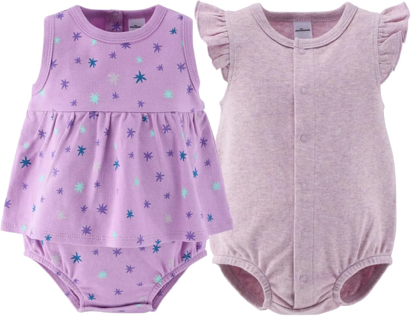 The Peanutshell Baby Girl Rompers 2 Pack - 100% Cotton Clothes and Dresses for Newborn, Infant and Baby Girls - Lilac Stars