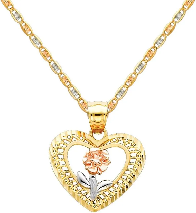 The World Jewelry Center 14k Real Tri Color Gold Flower in Heart Pendant with 1.5mm Diamond Cut Chain Necklace