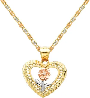 The World Jewelry Center 14k Real Tri Color Gold Flower in Heart Pendant with 1.5mm Diamond Cut Chain Necklace