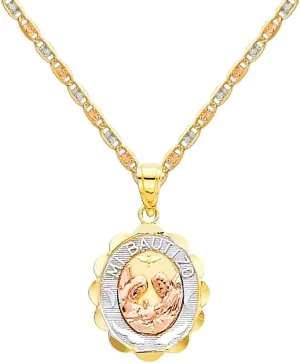 The World Jewelry Center 14k Tri-Color Gold Religious Baptism Pendant with 1.5mm Valentino Diamond Cut Chain Necklace