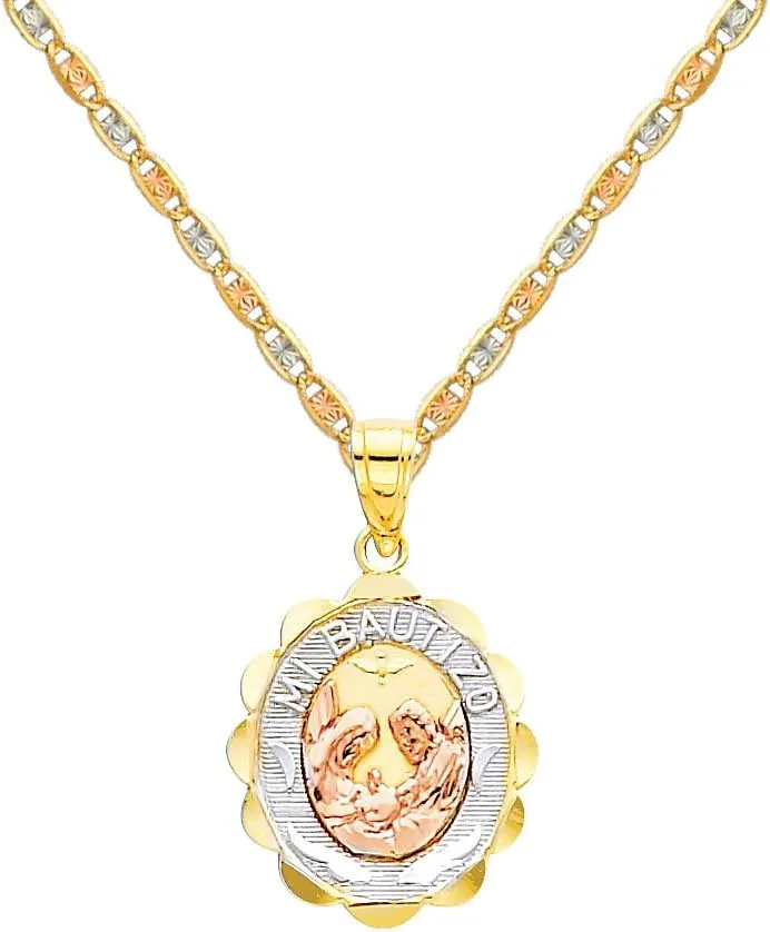 The World Jewelry Center 14k Tri-Color Gold Religious Baptism Pendant with 1.5mm Valentino Diamond Cut Chain Necklace