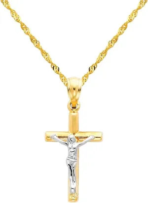 The World Jewelry Center 14k Two Tone Gold Jesus Cross Religious Pendant with 1.2mm Singapore Chain Necklace