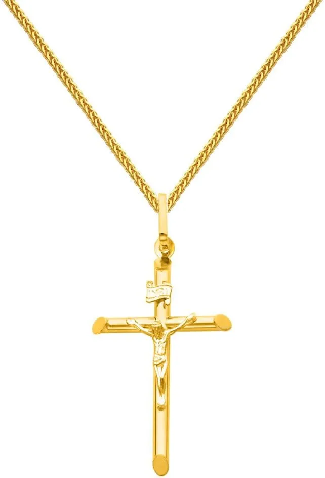 The World Jewelry Center 14k Yellow Gold Crucifix Cross Pendant with 1mm Braided Square Wheat Chain Necklace