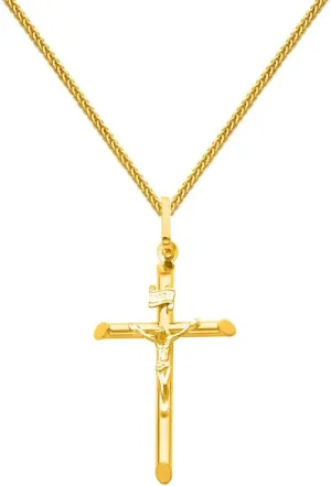 The World Jewelry Center 14k Yellow Gold Crucifix Cross Pendant with 1mm Braided Square Wheat Chain Necklace