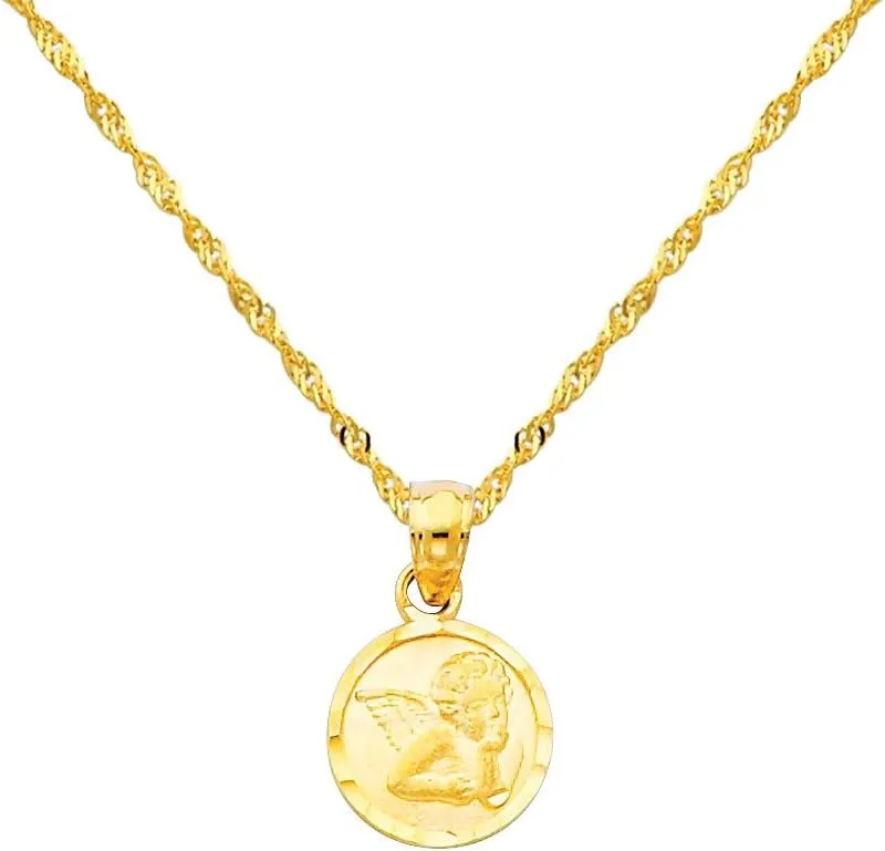 The World Jewelry Center 14k Yellow Gold Religious Angel Pendant with 1.2mm Singapore Chain Necklace