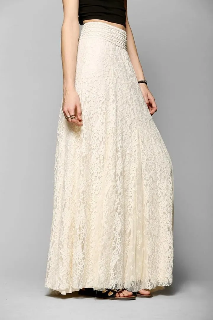 THLAI Womens Maxi Solid Elegant Pleated Skirt Lace Mesh Daily Skirt