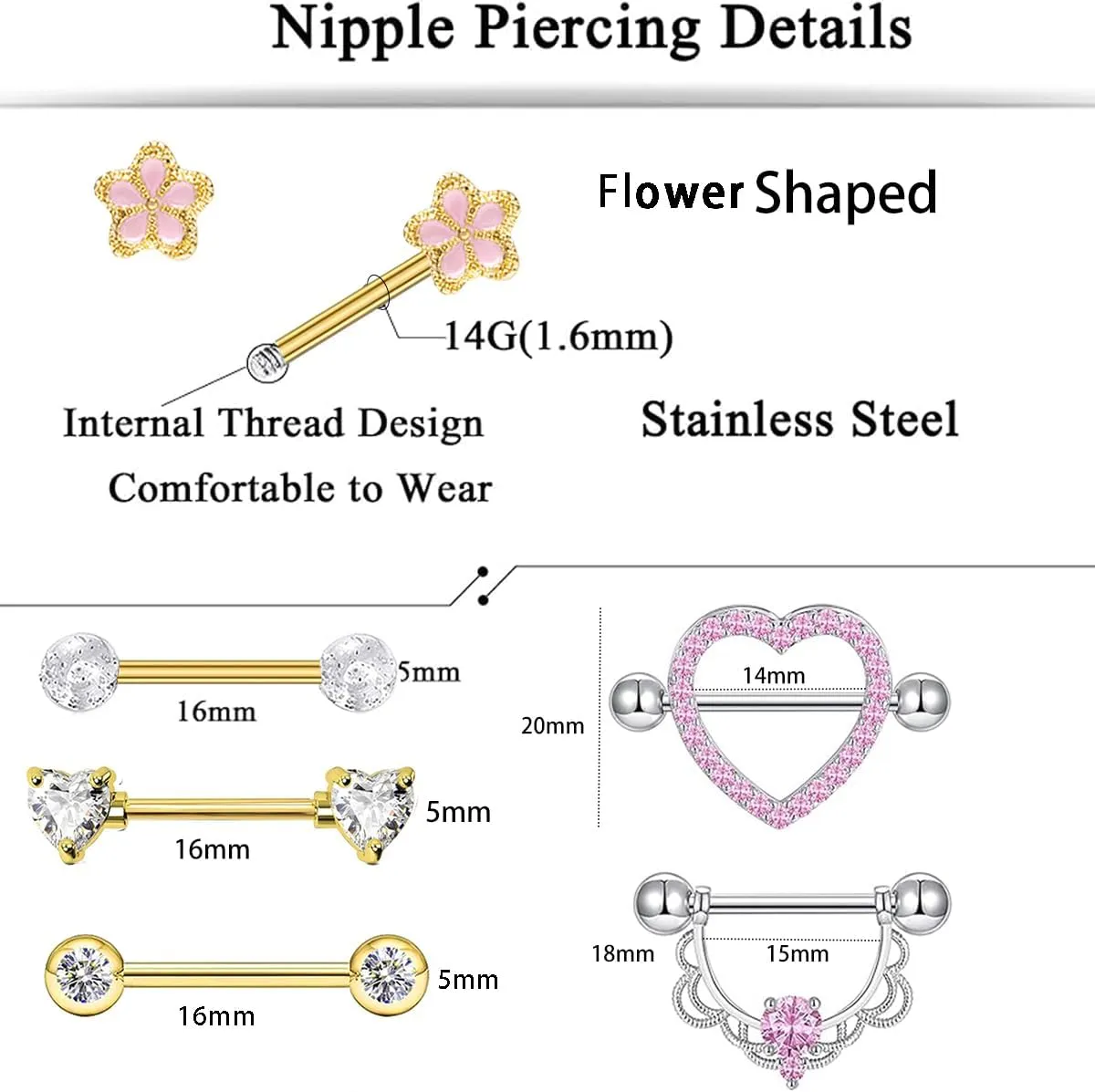 TIANCI FBYJS 6 Pairs Nipple Rings Stainless Steel Heart Butterfly Moon Flower CZ Stud Barbell Tongue Rings Set Cute Nipplerings Piercing Jewelry for Women Pink Tone