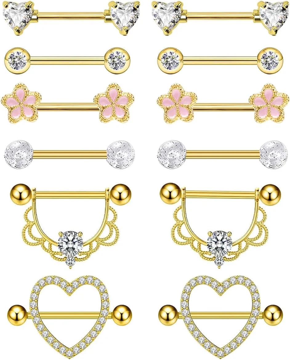 TIANCI FBYJS 6 Pairs Nipple Rings Stainless Steel Heart Butterfly Moon Flower CZ Stud Barbell Tongue Rings Set Cute Nipplerings Piercing Jewelry for Women Pink Tone