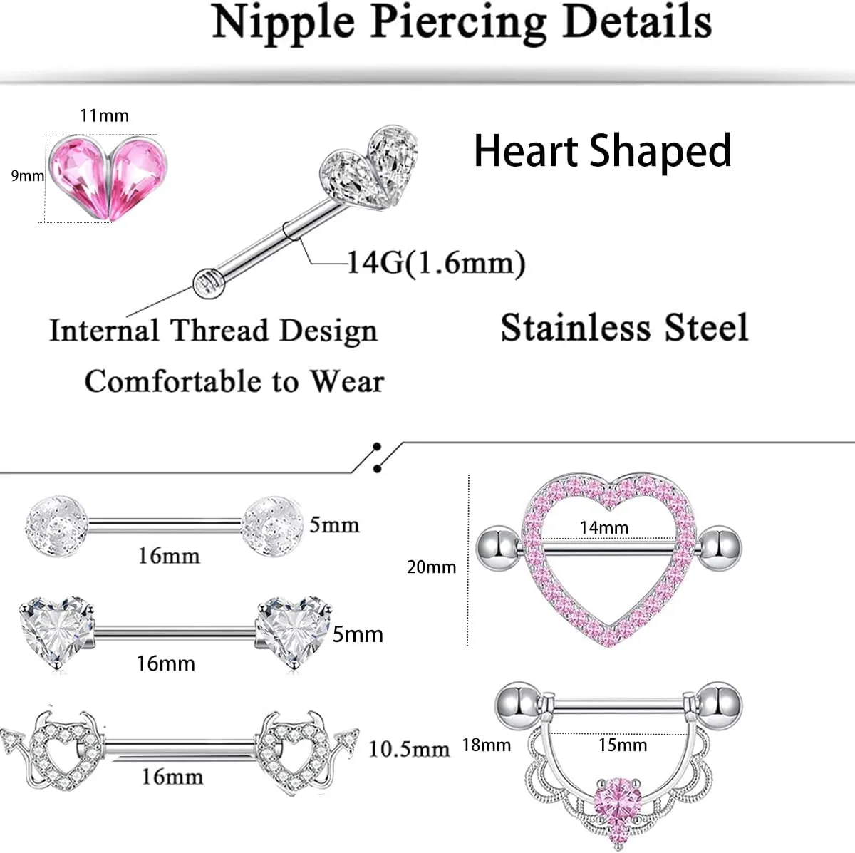 TIANCI FBYJS 6 Pairs Nipple Rings Stainless Steel Heart Butterfly Moon Flower CZ Stud Barbell Tongue Rings Set Cute Nipplerings Piercing Jewelry for Women Pink Tone