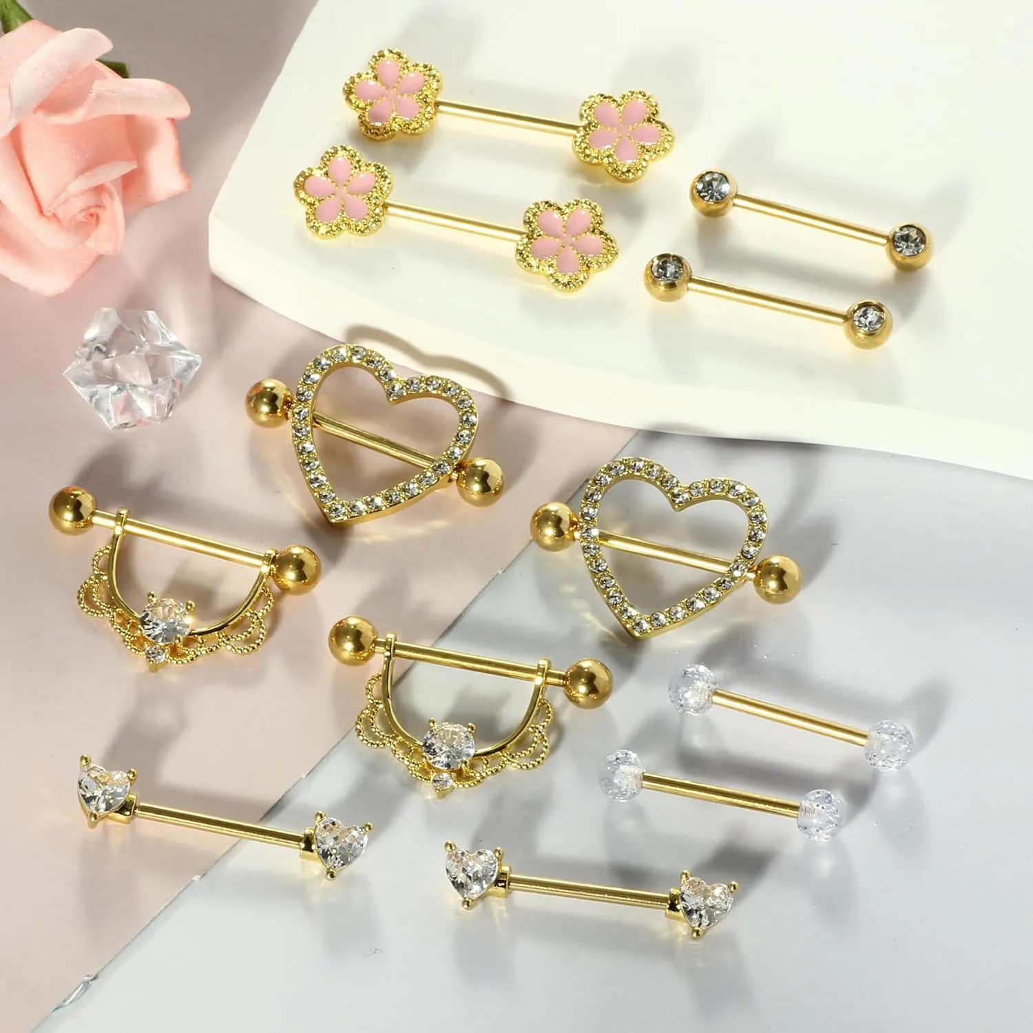 TIANCI FBYJS 6 Pairs Nipple Rings Stainless Steel Heart Butterfly Moon Flower CZ Stud Barbell Tongue Rings Set Cute Nipplerings Piercing Jewelry for Women Pink Tone