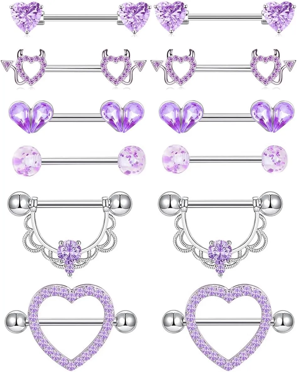 TIANCI FBYJS 6 Pairs Nipple Rings Stainless Steel Heart Butterfly Moon Flower CZ Stud Barbell Tongue Rings Set Cute Nipplerings Piercing Jewelry for Women Pink Tone