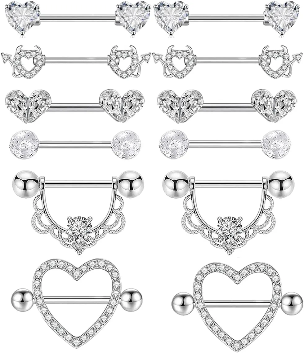 TIANCI FBYJS 6 Pairs Nipple Rings Stainless Steel Heart Butterfly Moon Flower CZ Stud Barbell Tongue Rings Set Cute Nipplerings Piercing Jewelry for Women Pink Tone