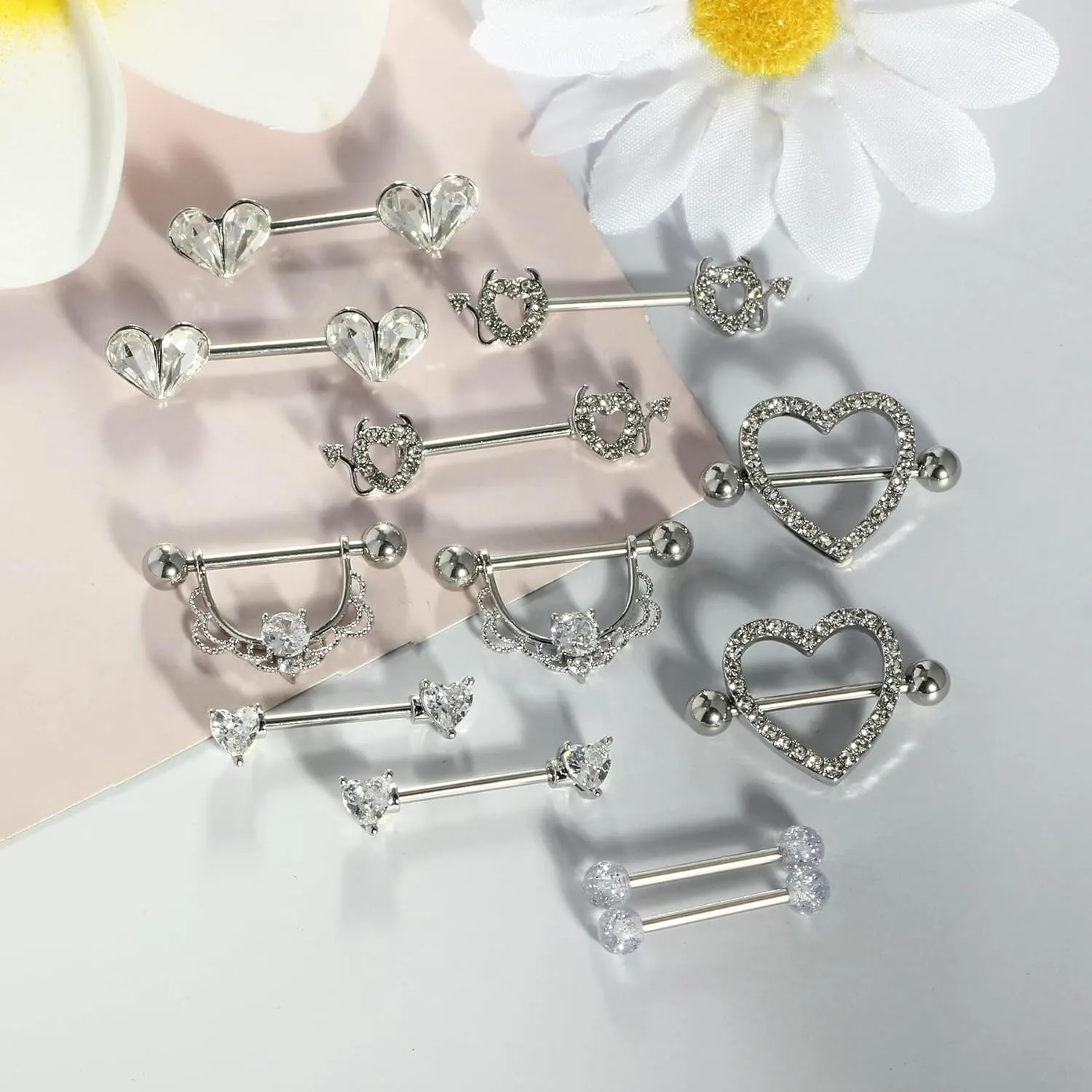 TIANCI FBYJS 6 Pairs Nipple Rings Stainless Steel Heart Butterfly Moon Flower CZ Stud Barbell Tongue Rings Set Cute Nipplerings Piercing Jewelry for Women Pink Tone