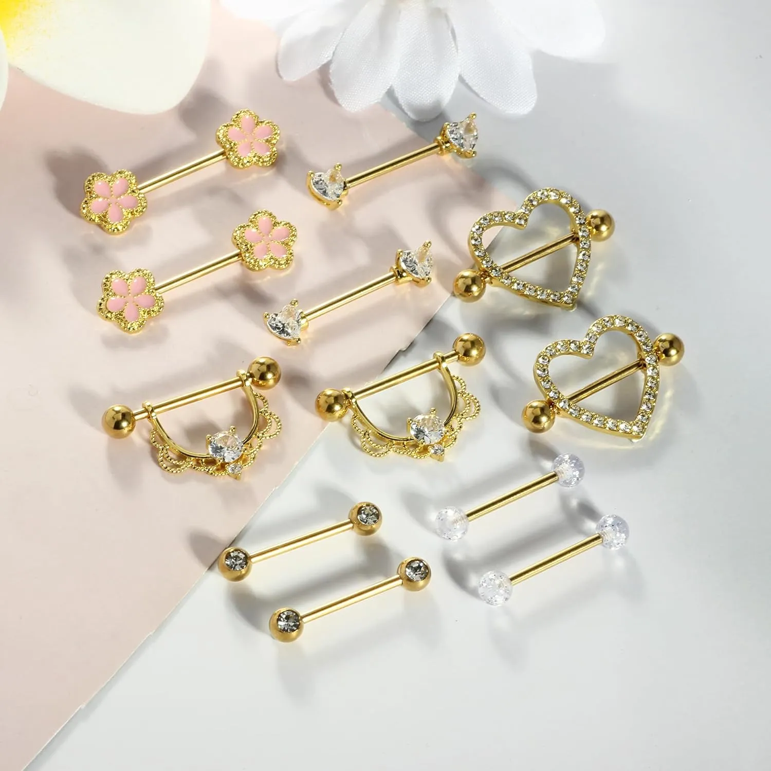 TIANCI FBYJS 6 Pairs Nipple Rings Stainless Steel Heart Butterfly Moon Flower CZ Stud Barbell Tongue Rings Set Cute Nipplerings Piercing Jewelry for Women Pink Tone