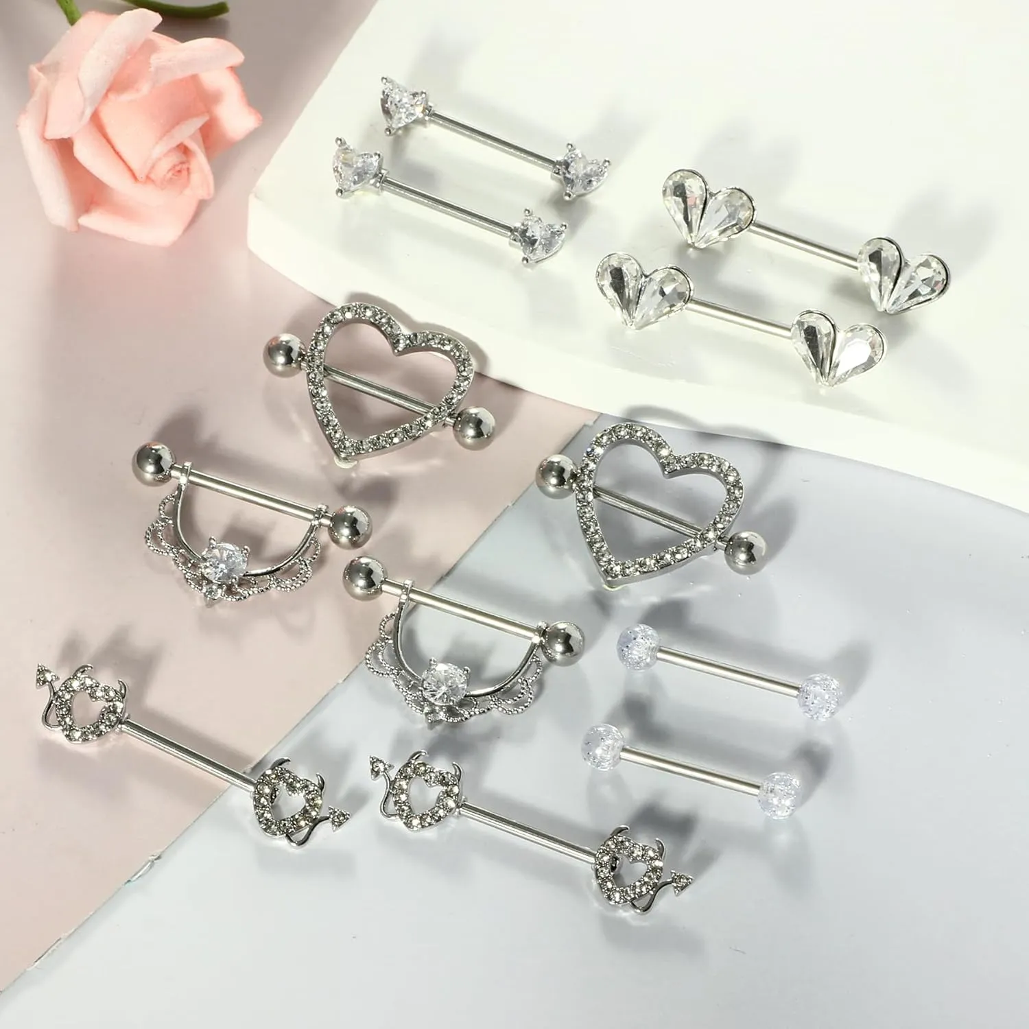 TIANCI FBYJS 6 Pairs Nipple Rings Stainless Steel Heart Butterfly Moon Flower CZ Stud Barbell Tongue Rings Set Cute Nipplerings Piercing Jewelry for Women Pink Tone