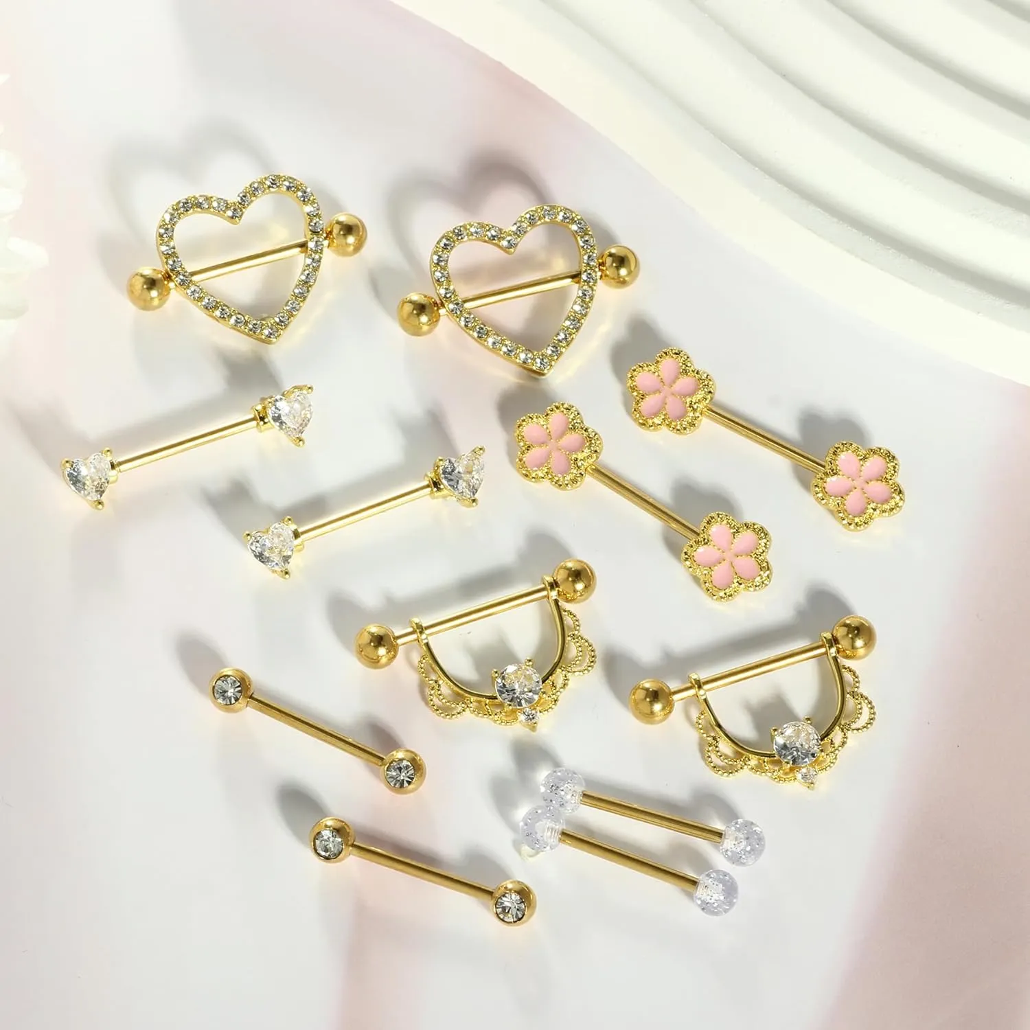 TIANCI FBYJS 6 Pairs Nipple Rings Stainless Steel Heart Butterfly Moon Flower CZ Stud Barbell Tongue Rings Set Cute Nipplerings Piercing Jewelry for Women Pink Tone