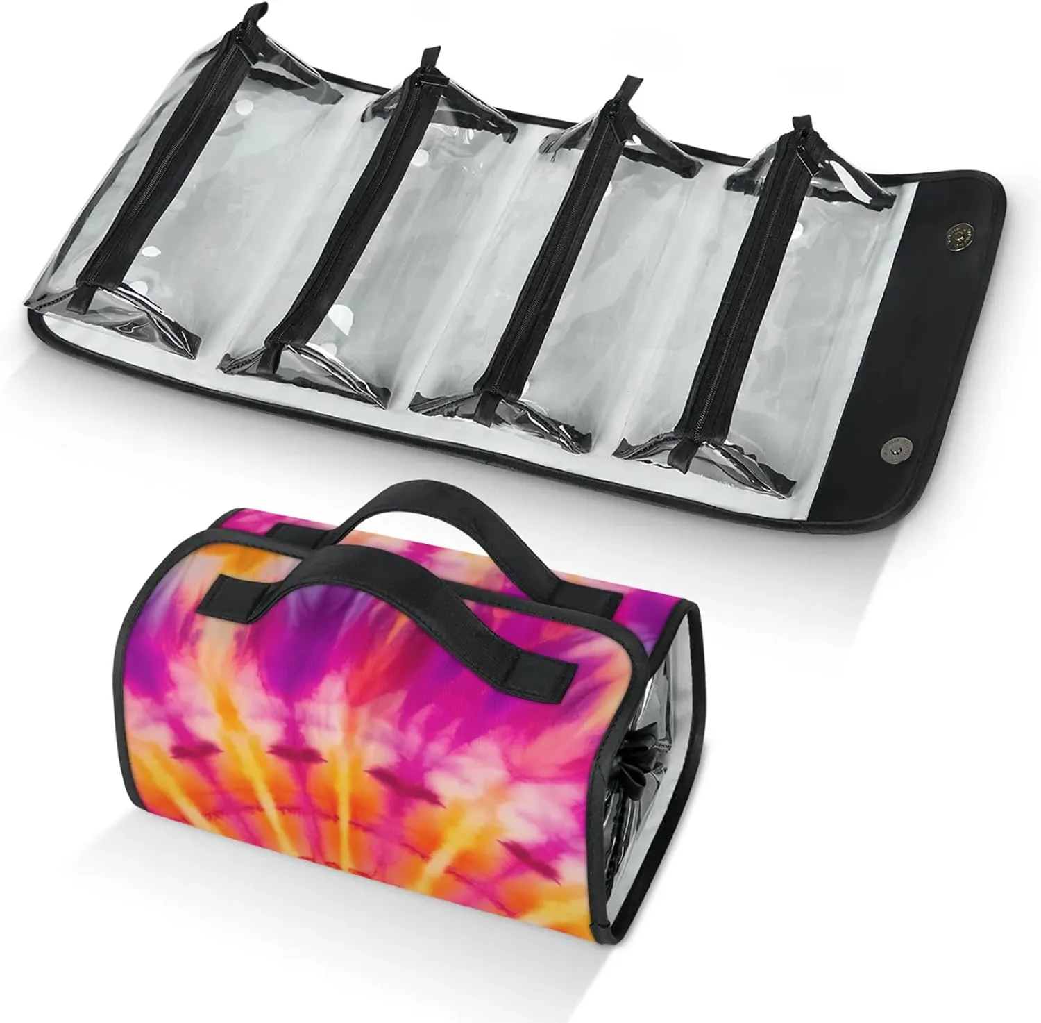 TieDye Print Travel Toiletry Bag for Women, 4 in 1 Roll Up Makeup Cosmetic Bag With 4 Removable PVC Zipper Pouch
