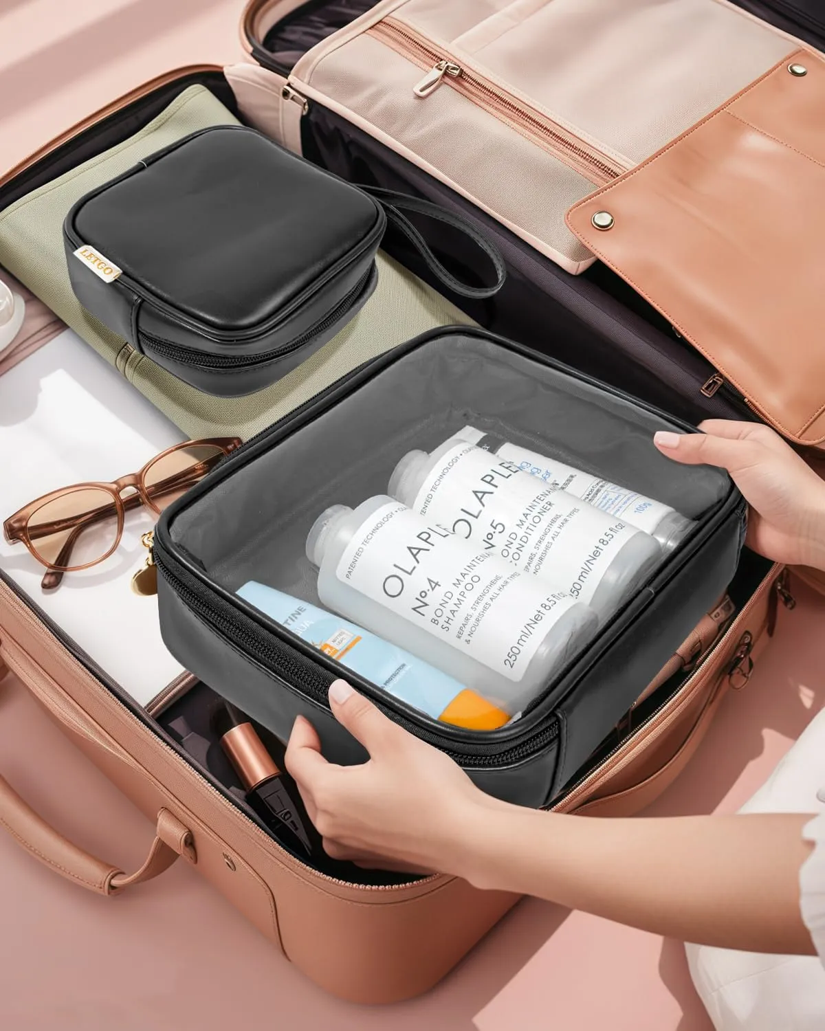 Travel Toiletry Bag for Women with Small Make Up Bag for Purse,Large Clear Toiletry Bag Lightweight Large Wide-open Travel Bag for Women, Cosmetic Makeup Bag Organizer(Handle-Black, Large Mini)