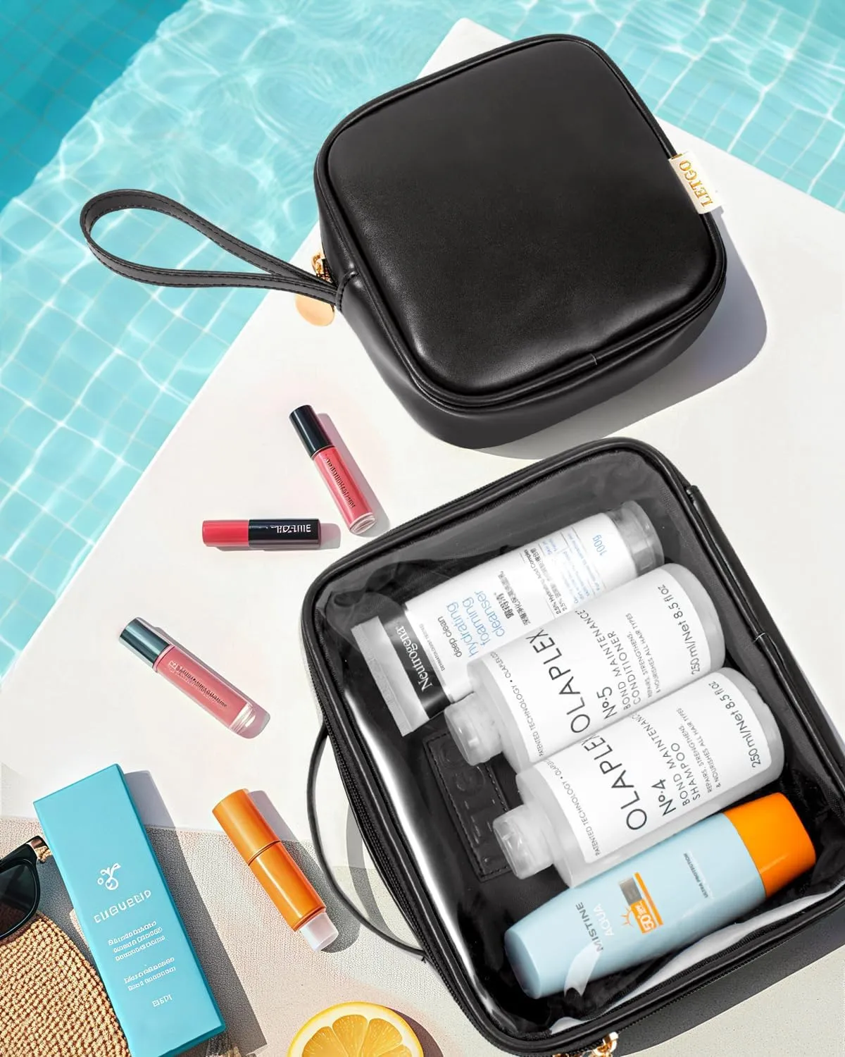 Travel Toiletry Bag for Women with Small Make Up Bag for Purse,Large Clear Toiletry Bag Lightweight Large Wide-open Travel Bag for Women, Cosmetic Makeup Bag Organizer(Handle-Black, Large Mini)