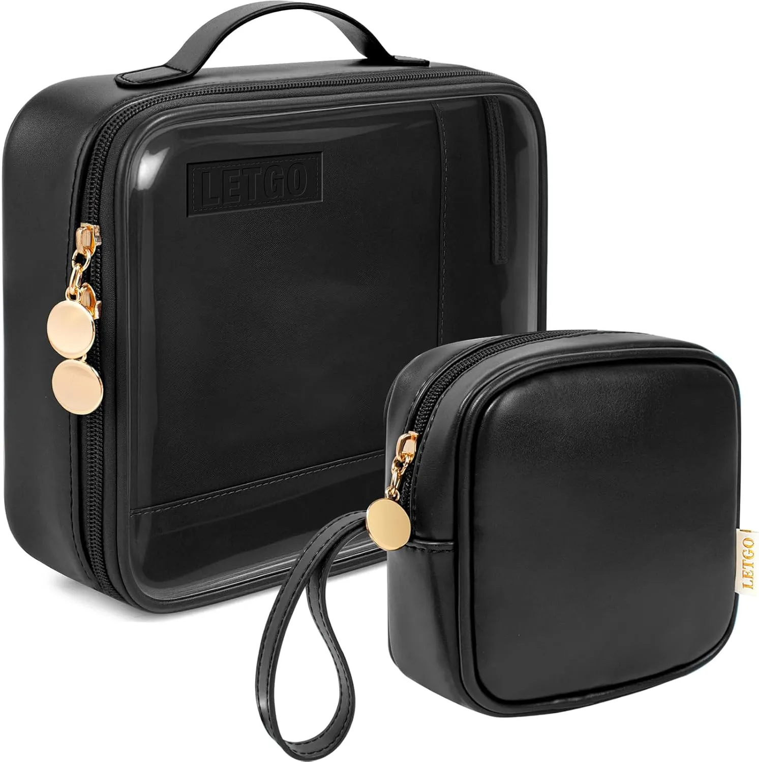 Travel Toiletry Bag for Women with Small Make Up Bag for Purse,Large Clear Toiletry Bag Lightweight Large Wide-open Travel Bag for Women, Cosmetic Makeup Bag Organizer(Handle-Black, Large Mini)