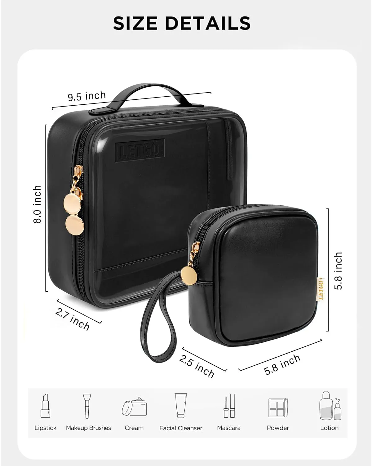 Travel Toiletry Bag for Women with Small Make Up Bag for Purse,Large Clear Toiletry Bag Lightweight Large Wide-open Travel Bag for Women, Cosmetic Makeup Bag Organizer(Handle-Black, Large Mini)