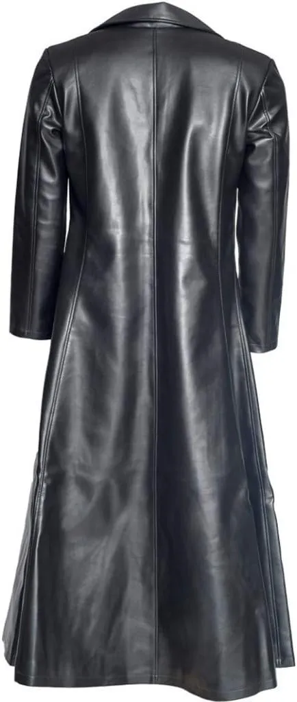 tuduoms Mens Leather Vintage Long Coat Full Length Black Classic Leather Long Coat Steampunk Gothic Jacket Trench Overcoat