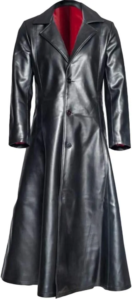 tuduoms Mens Leather Vintage Long Coat Full Length Black Classic Leather Long Coat Steampunk Gothic Jacket Trench Overcoat