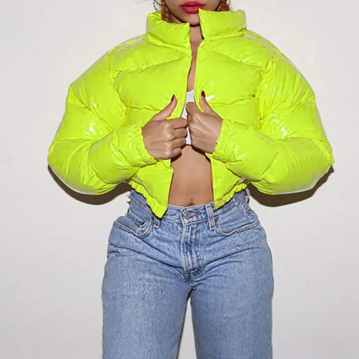 tuduoms Puffer Jacket Women's Fashion Cropped Puffer Jacket Warm Quilted Padded Long Sleeve Down Coat Winter Lightweight Coat