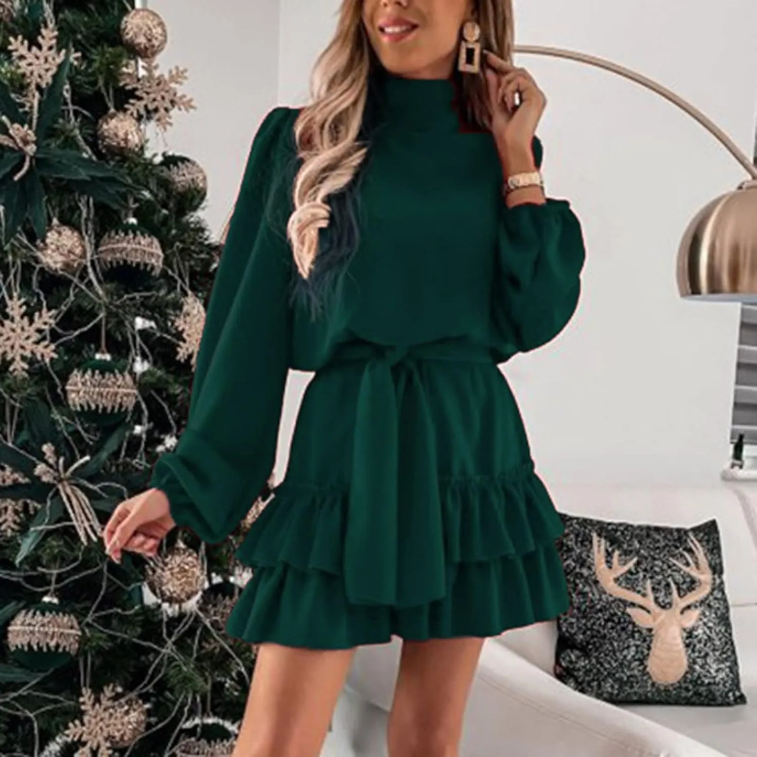 tuduoms Ruffle Tunic Dress for Women Spring Summer High Neck Baggy Sleeve Waist Tie Double Layer Ruffle Hem Short Mini Dress