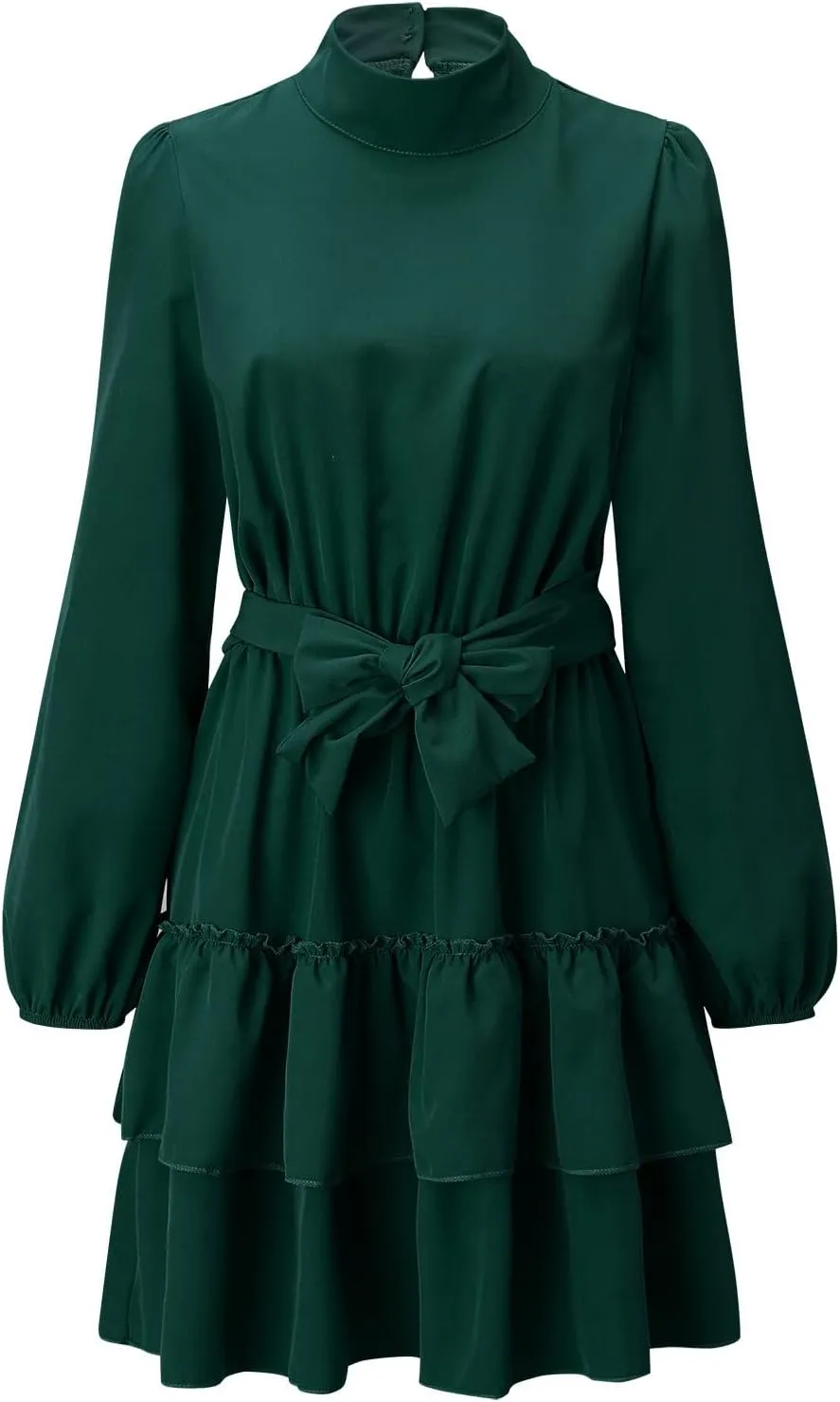 tuduoms Ruffle Tunic Dress for Women Spring Summer High Neck Baggy Sleeve Waist Tie Double Layer Ruffle Hem Short Mini Dress
