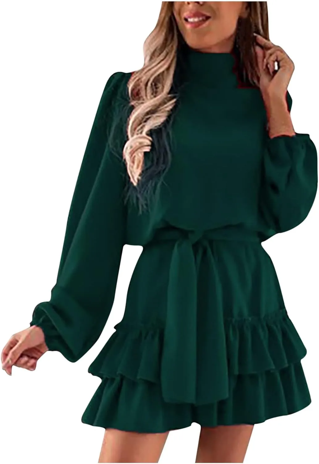 tuduoms Ruffle Tunic Dress for Women Spring Summer High Neck Baggy Sleeve Waist Tie Double Layer Ruffle Hem Short Mini Dress