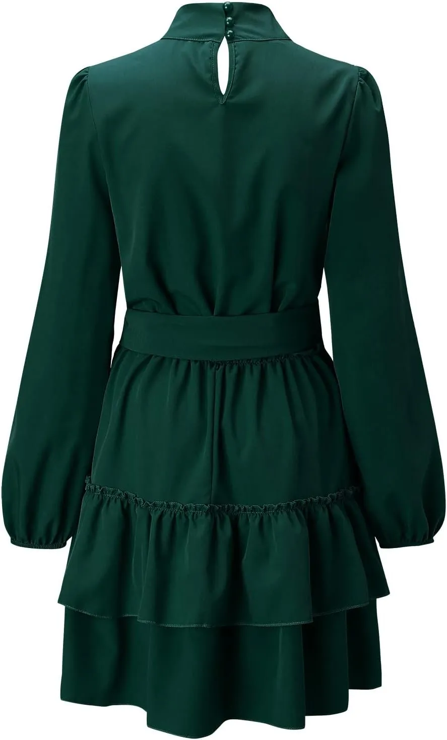tuduoms Ruffle Tunic Dress for Women Spring Summer High Neck Baggy Sleeve Waist Tie Double Layer Ruffle Hem Short Mini Dress