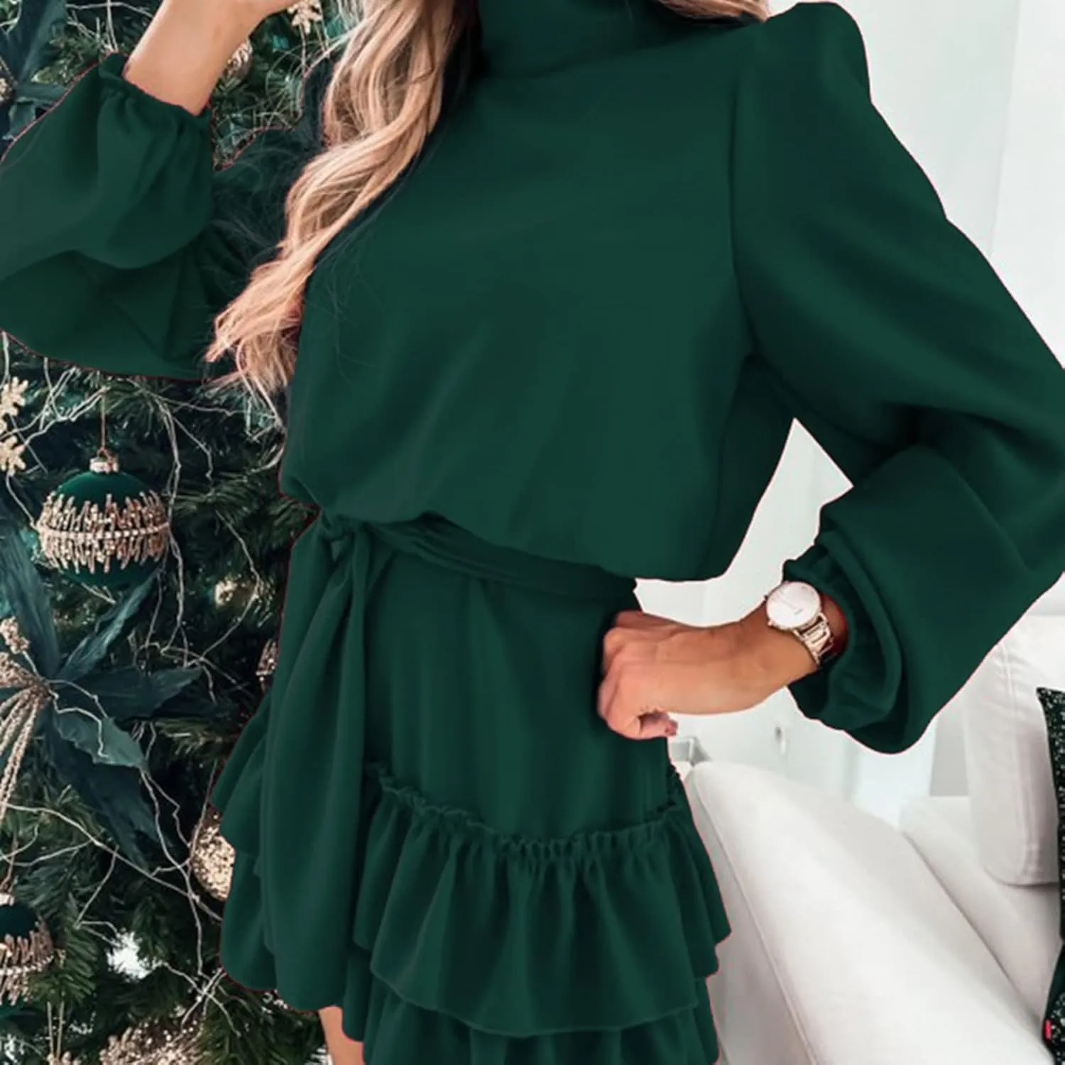 tuduoms Ruffle Tunic Dress for Women Spring Summer High Neck Baggy Sleeve Waist Tie Double Layer Ruffle Hem Short Mini Dress