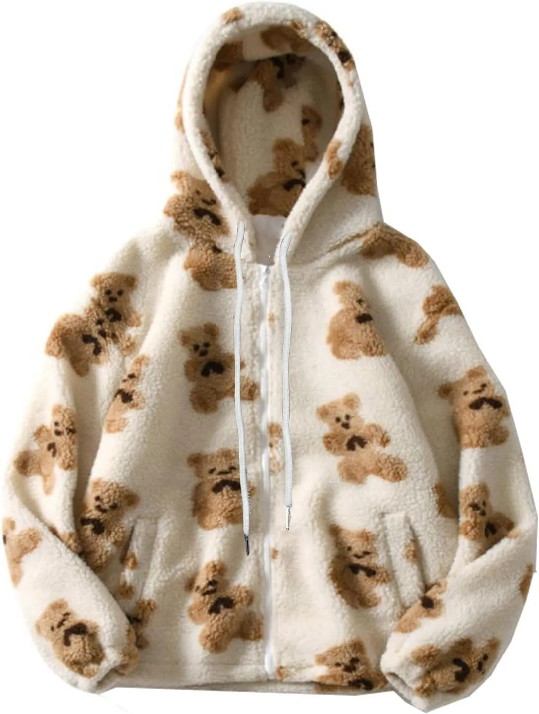 tuduoms Women Oversized Sherpa Jacket Fuzzy Fleece Hoodie Cute Bear Graphic Coat Zip Up Long Sleeve Sweatshirt for Teen Girls