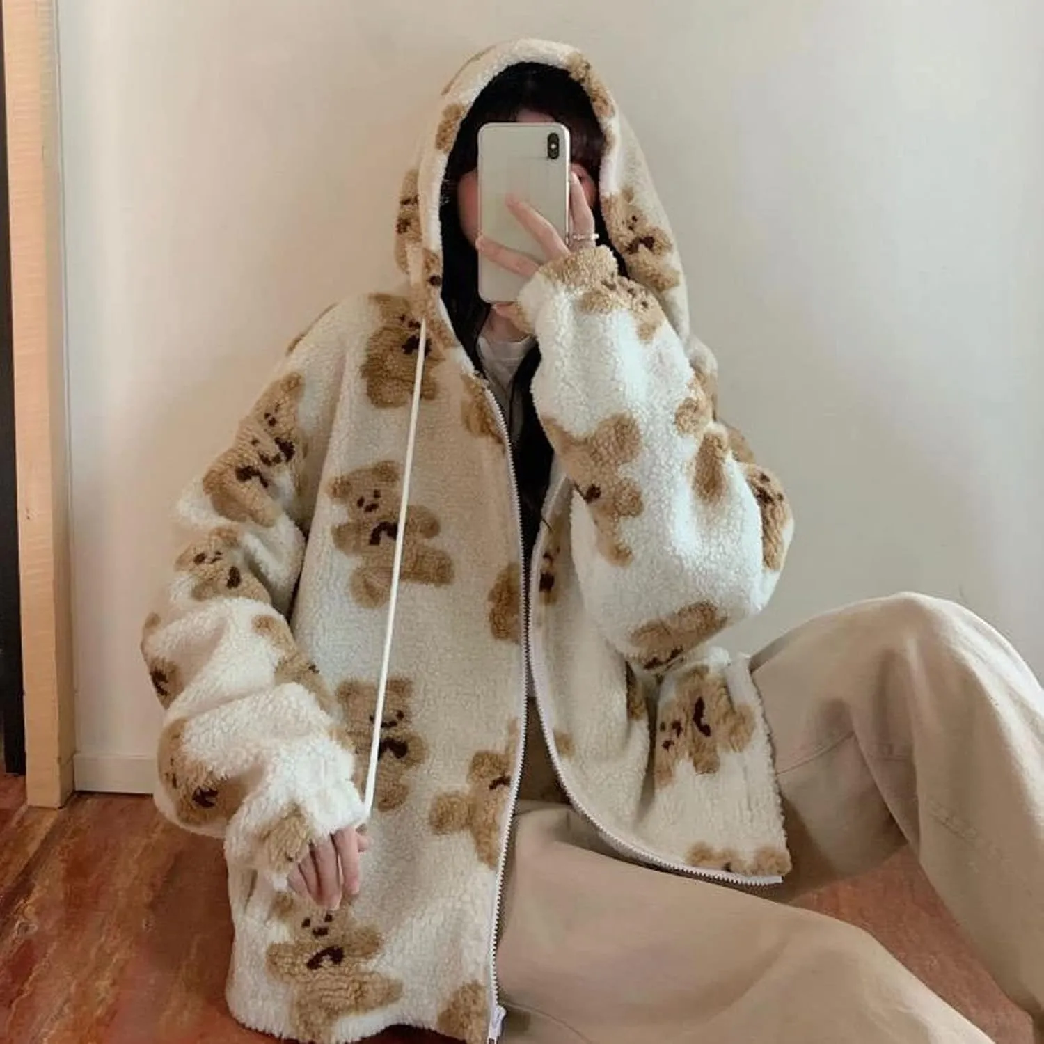tuduoms Women Oversized Sherpa Jacket Fuzzy Fleece Hoodie Cute Bear Graphic Coat Zip Up Long Sleeve Sweatshirt for Teen Girls