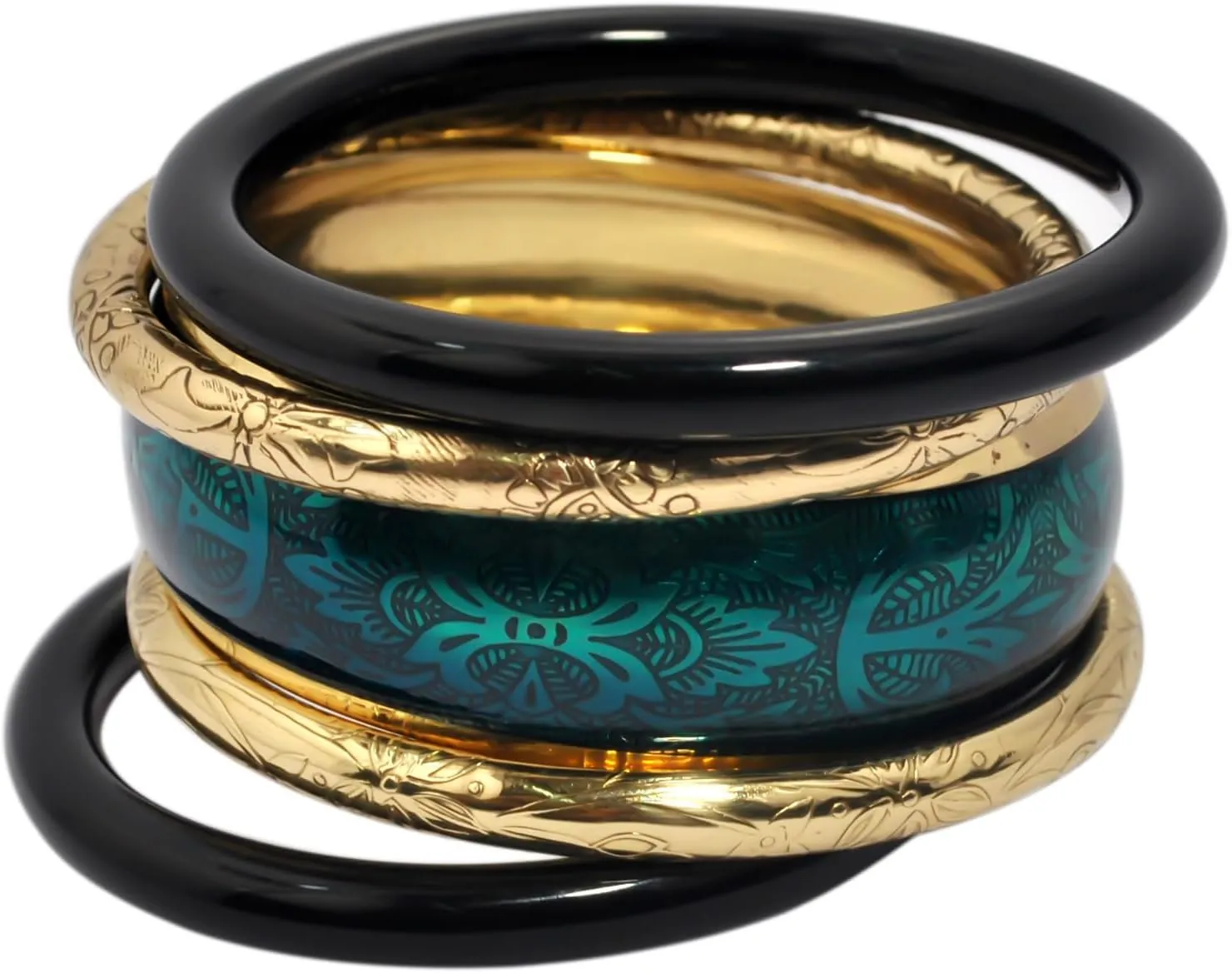 Twilight Mirage Handmade Bangle Set | Blue Enamel, Gold Brass & Black Resin Bangles | Artisan Jewelry for Women | Elegant Statement Accessory