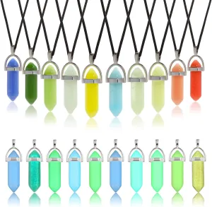 TXIN 10 Pcs Glow in the Dark Crystal Pendant Necklace, Luminous Natural Quartz Stone Necklace, Fluorescent Hexagonal Stone Necklace, Glowing Moonstone Necklace with Black Leather Chain, 10 Colors