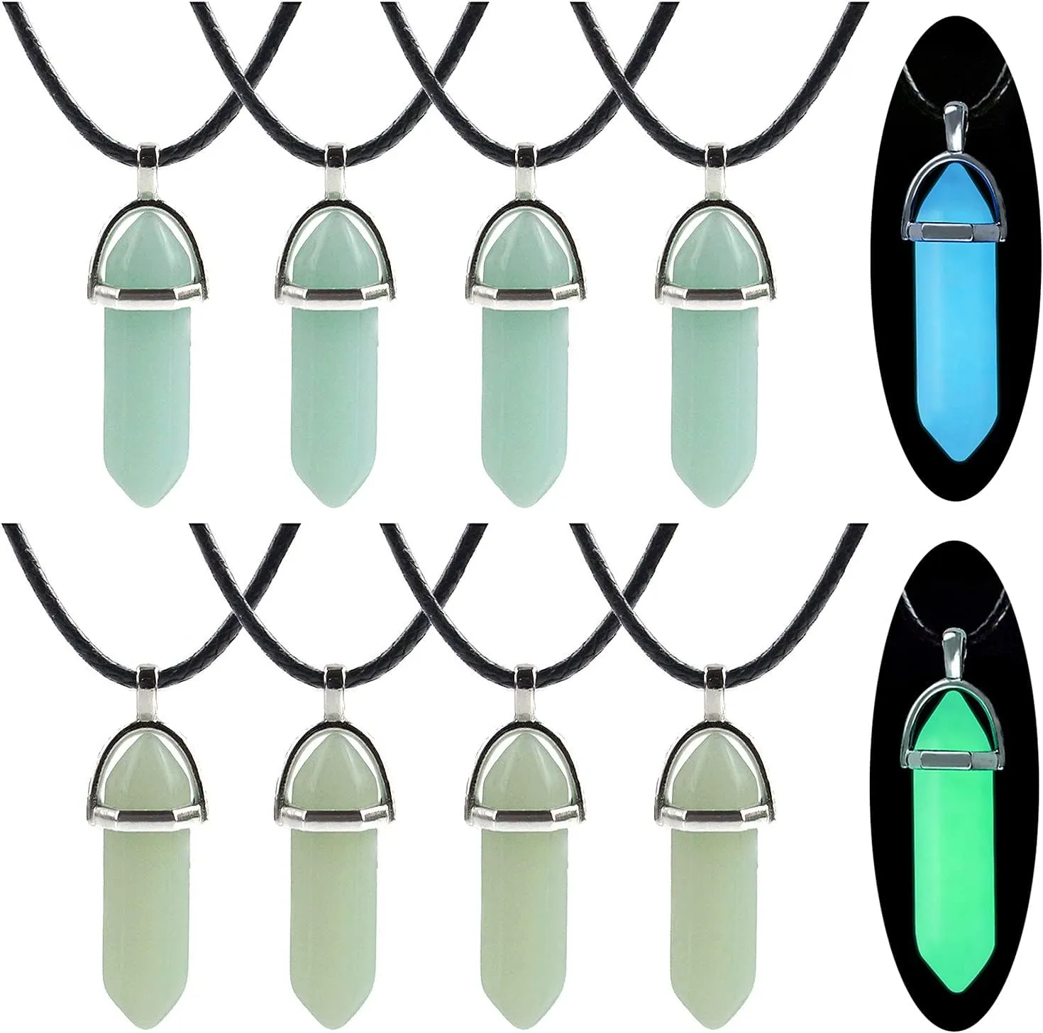 TXIN Glow in the Dark Crystal Pendant Necklace, Luminous Hexagonal Moonstone, Fluorescent Stone, Glowing Gemstone Quartz With Black Leather Chain for Women Men