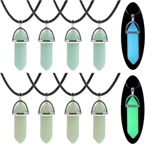 TXIN Glow in the Dark Crystal Pendant Necklace, Luminous Hexagonal Moonstone, Fluorescent Stone, Glowing Gemstone Quartz With Black Leather Chain for Women Men