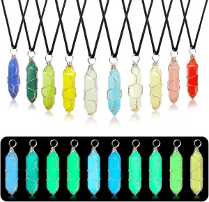 TXIN Glow in the Dark Crystal Pendant Necklace - Silver Wire Wrapped Luminous Hexagonal Stone With Black Cord - 10 Colors Fluorescent Natural Quartz