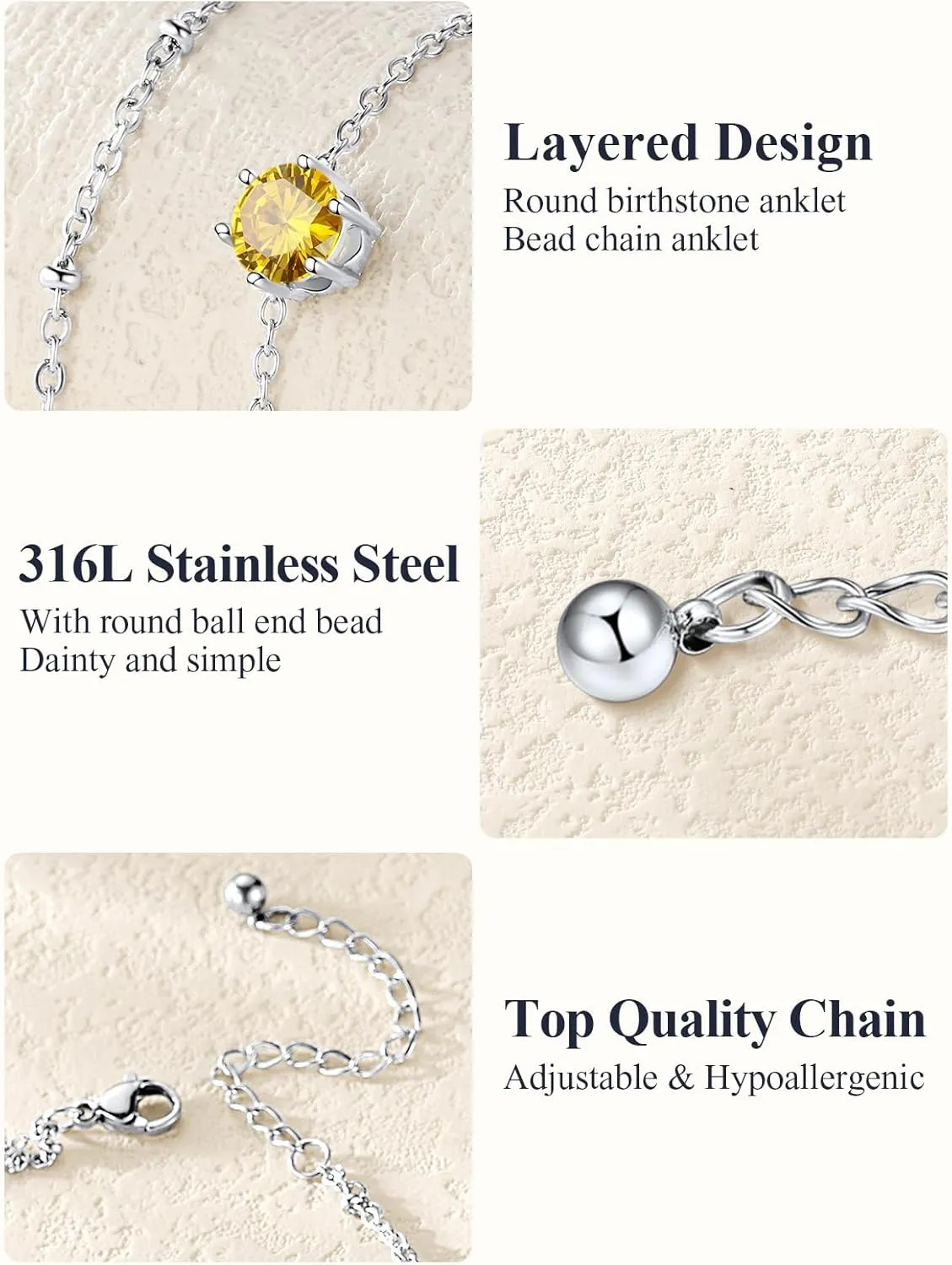 U7 Layered Silver Ankle Bracelet for Women,Round Gem Birthstone Anklets,Summer Beach Foot Jewelry,8.5"-10.5"