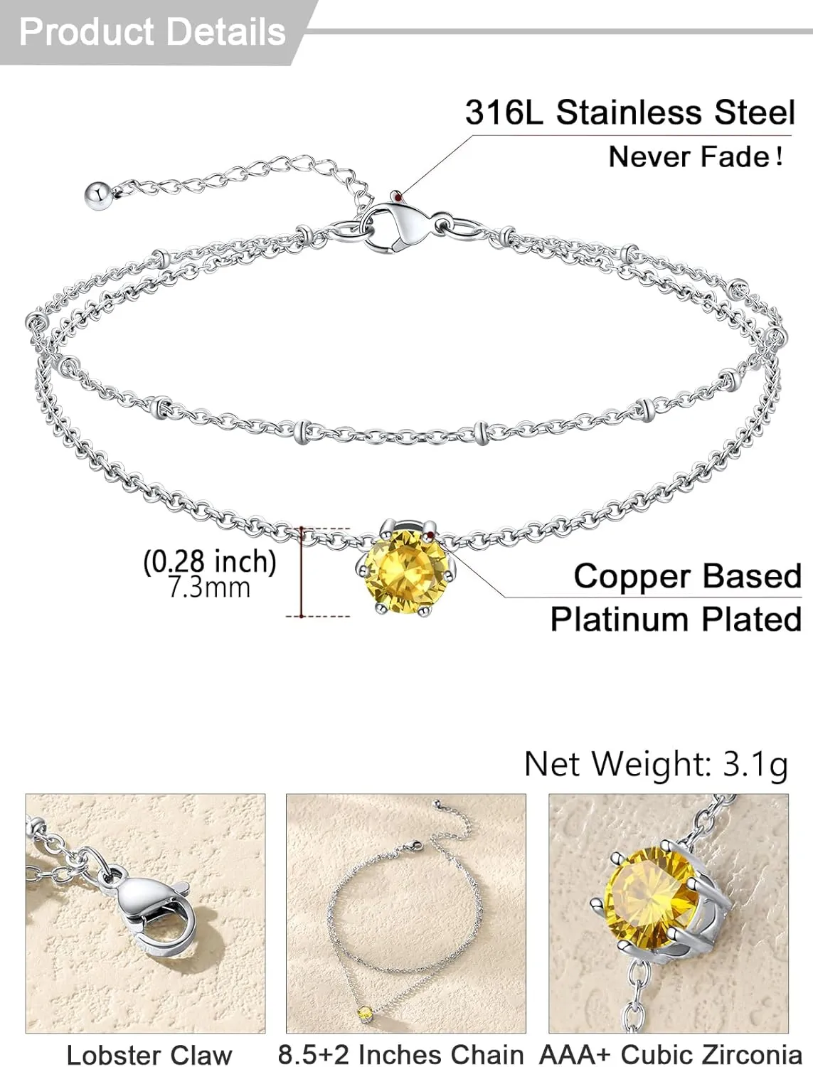 U7 Layered Silver Ankle Bracelet for Women,Round Gem Birthstone Anklets,Summer Beach Foot Jewelry,8.5"-10.5"