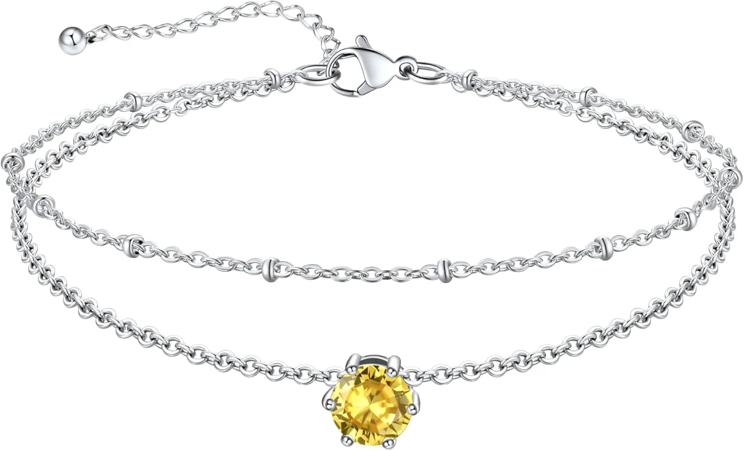 U7 Layered Silver Ankle Bracelet for Women,Round Gem Birthstone Anklets,Summer Beach Foot Jewelry,8.5"-10.5"
