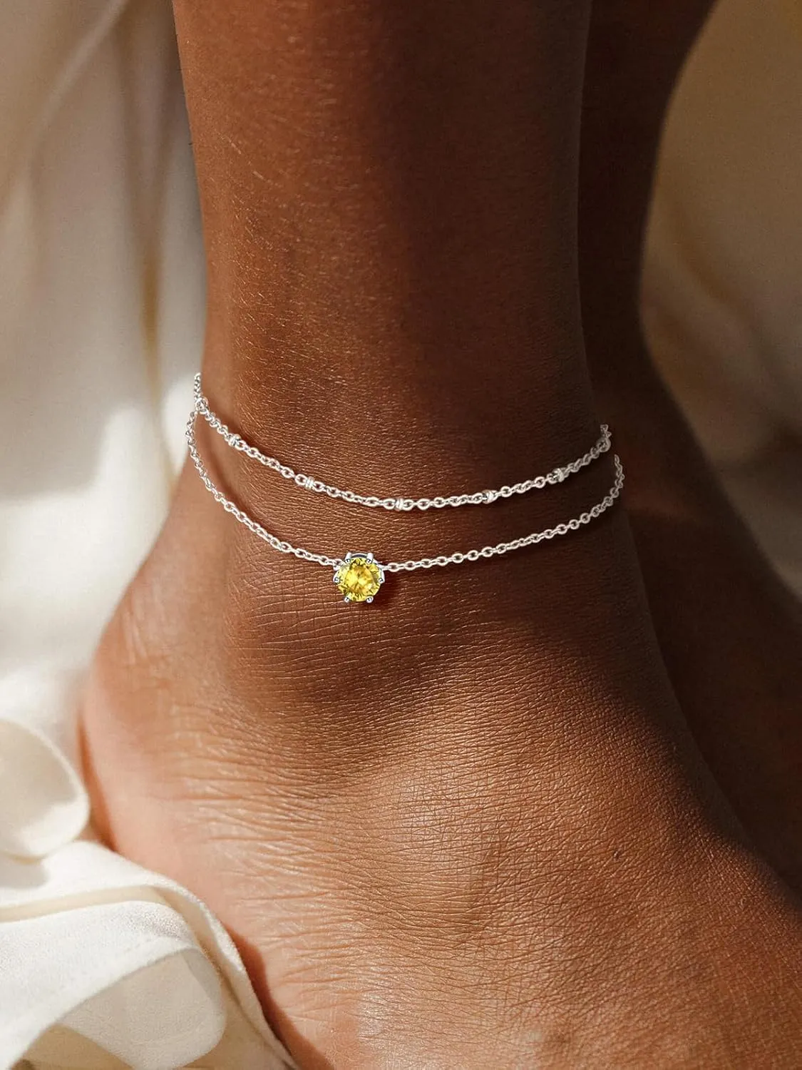 U7 Layered Silver Ankle Bracelet for Women,Round Gem Birthstone Anklets,Summer Beach Foot Jewelry,8.5"-10.5"